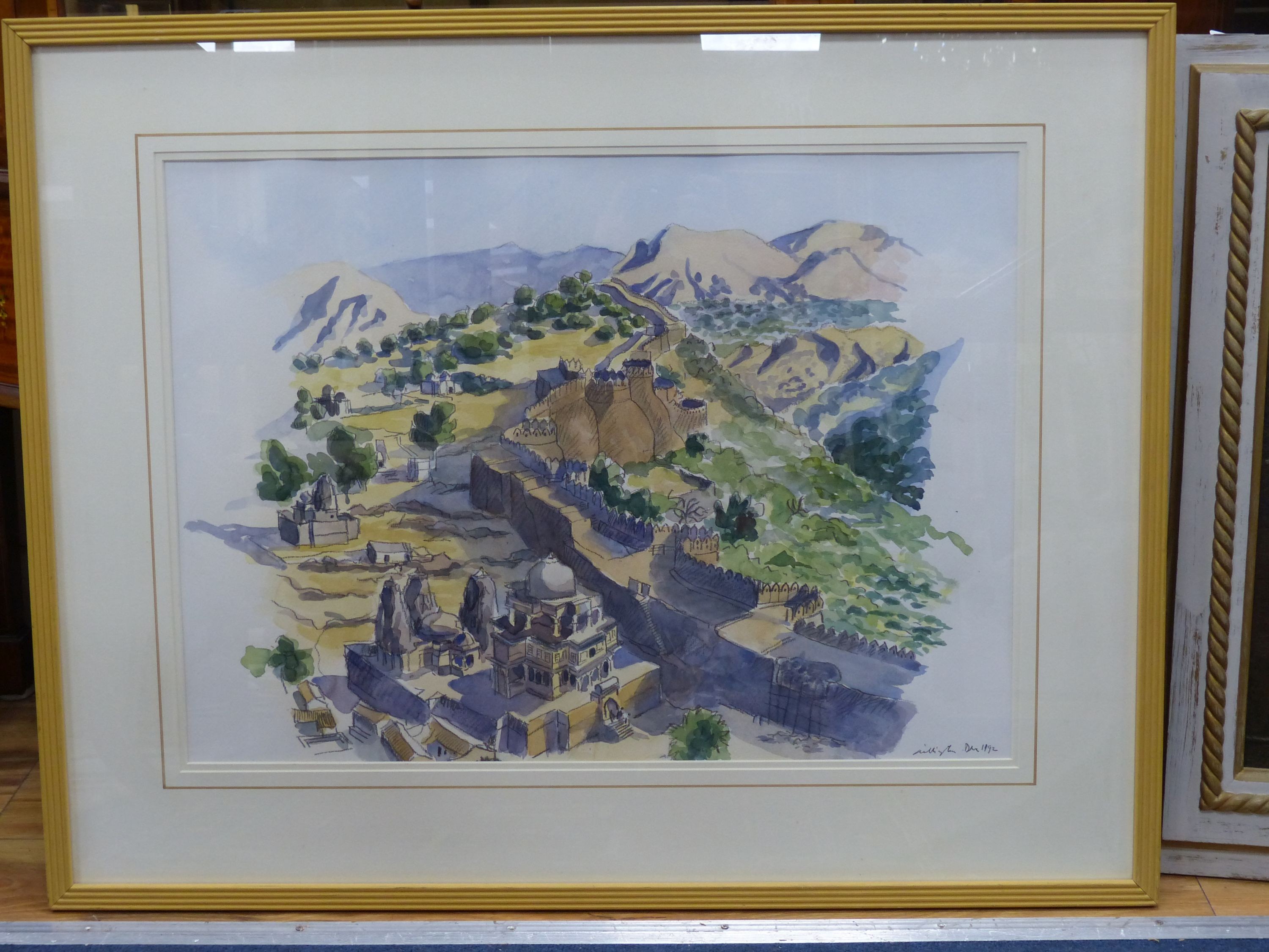 Teddy Millington Drake (1932-1994), ink and watercolour, Indian landscpe with palace and temple, signed and dated 1992, 47 x 64cm